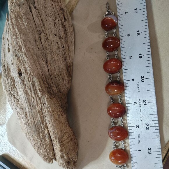 Silvertone Carnelian Agate looking Amber Link Bracelet Oval Cabochons Vintage - Picture 7 of 12